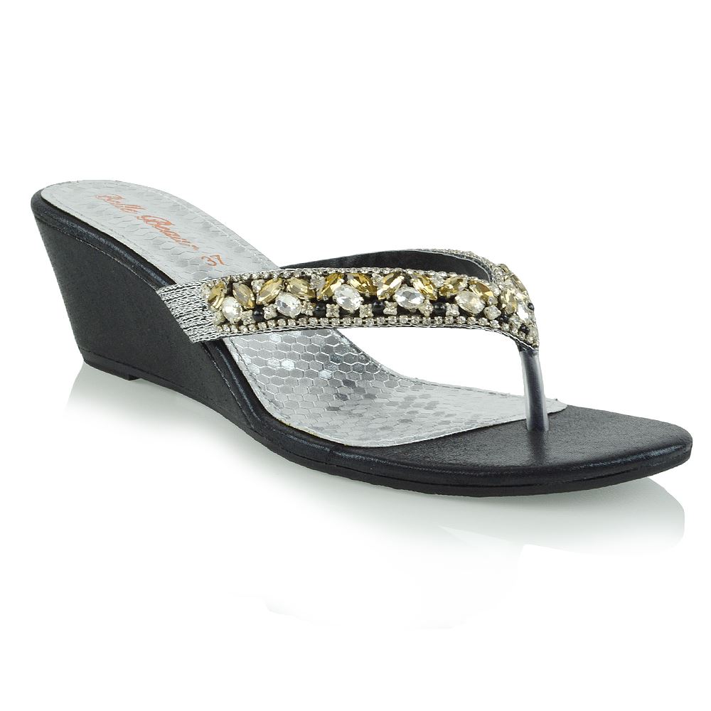 Womens Low Wedge Heel Toe Post Diamante Sandals Ladies Sparkly Flip Flops 3-8 - Picture 2 of 4
