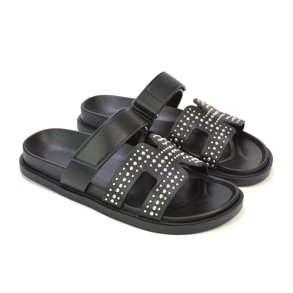 Women's Studded Gladiator Strap Black Sandal Ladies Comfy Slider Size 3-8 - Picture 5 of 10