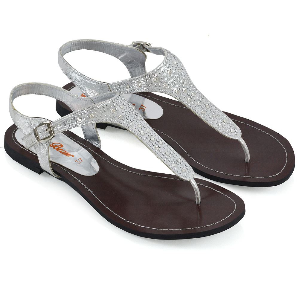 Womens Flat Strappy Thong Sparkly Diamante Sandals Buckle Ladies Shoes Size 3-8 | eBay