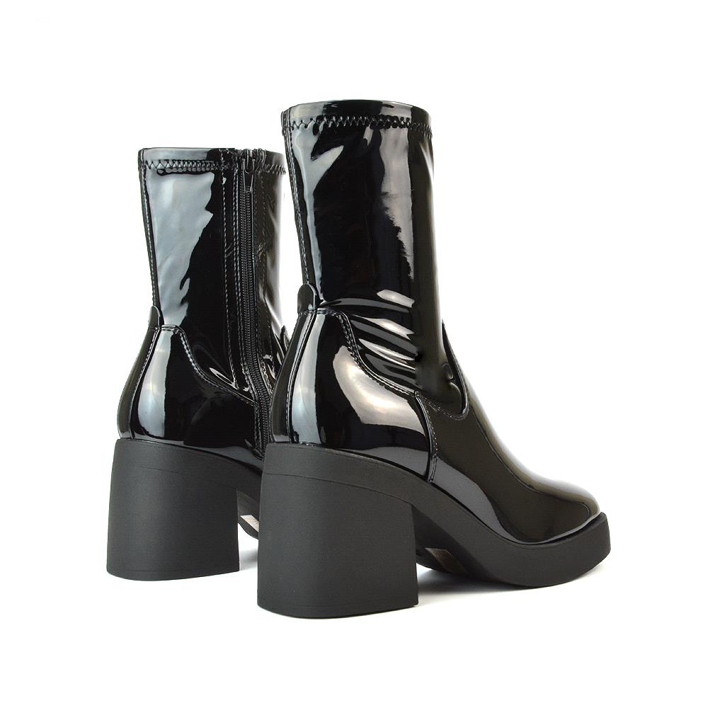 Womens Ankle Boots Ladies Retro Biker Chunky Sole Pull On Stretch Booties Size - Picture 10 of 10