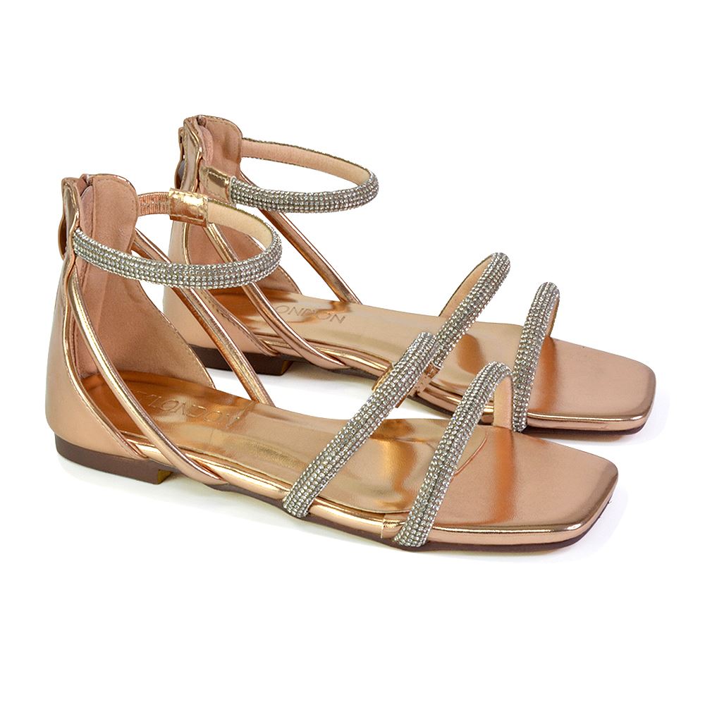 Womens Flat Gladiator Sandals Ladies Diamante Strappy Summer Shoes Size