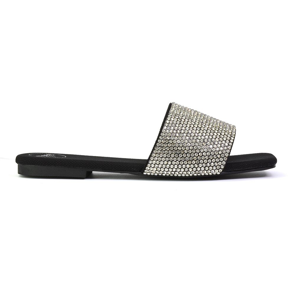 Womens Flat Slip On Slider Ladies Sparkly Diamante Square Toe - Main Image