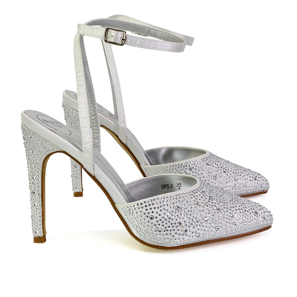 Zapatos de boda para mujer Damas Tacones de aguja nupciales satinados con tiras Diamante Talla 3-8 - Imagen 28 de 31