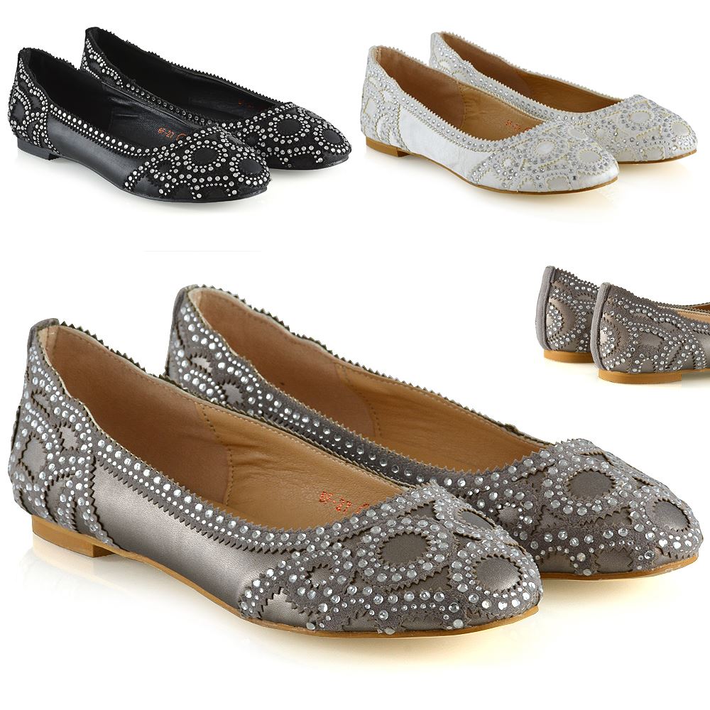 WOMENS LADIES FLAT DIAMANTE WEDDING EVENING BALLERINA PUMPS DOLLY SHOES SIZE