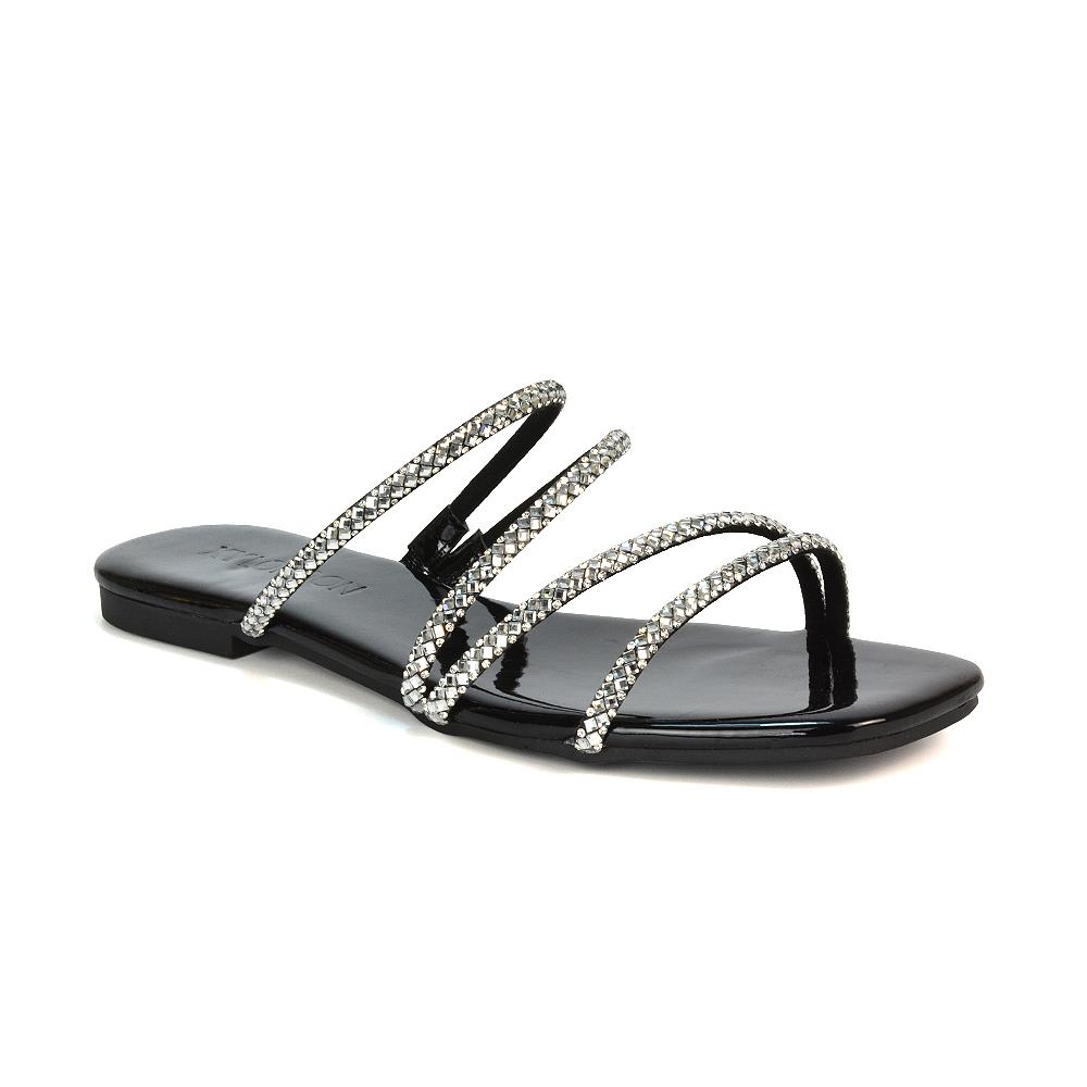 Women’s Diamante Flat Sandals Ladies Strappy Slip On Summer Slider Size 3-8 - Picture 2 of 25