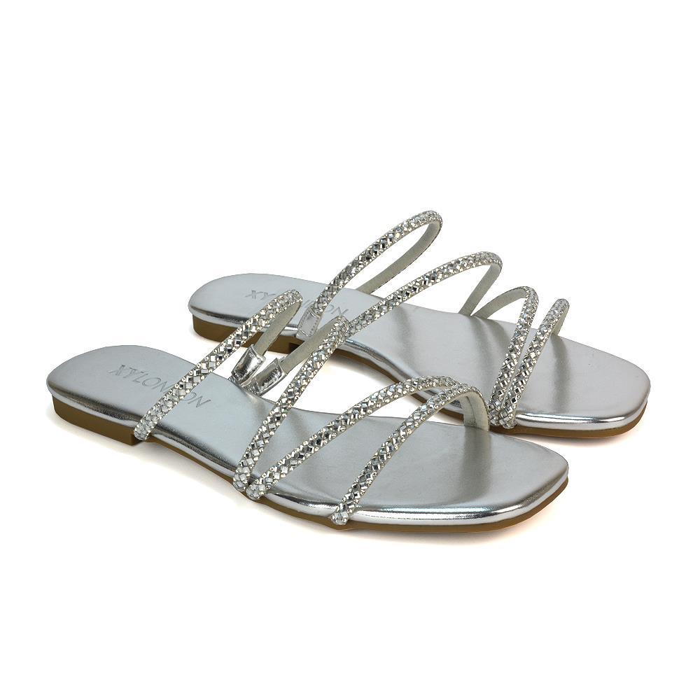 Women’s Diamante Flat Sandals Ladies Strappy Slip On Summer Slider Size 3-8 - Picture 24 of 25