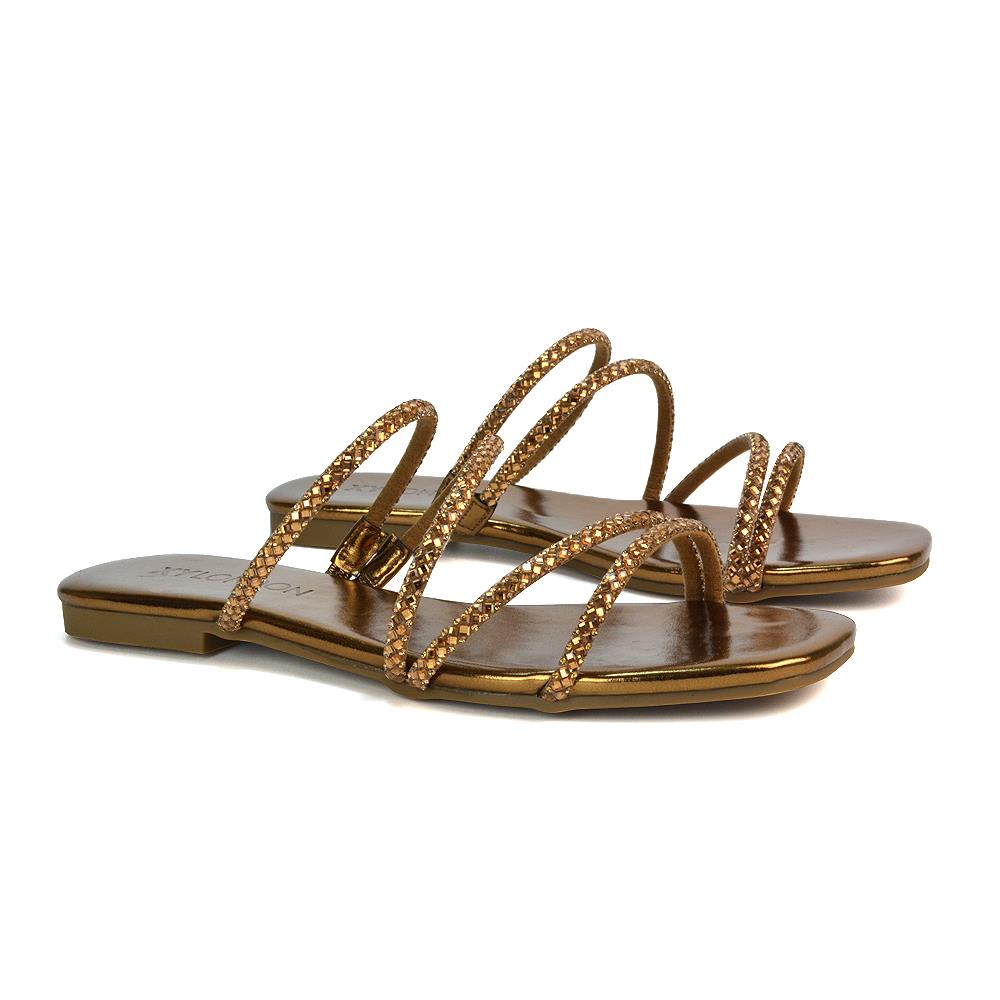 Women’s Diamante Flat Sandals Ladies Strappy Slip On Summer Slider Size 3-8 - Picture 17 of 25