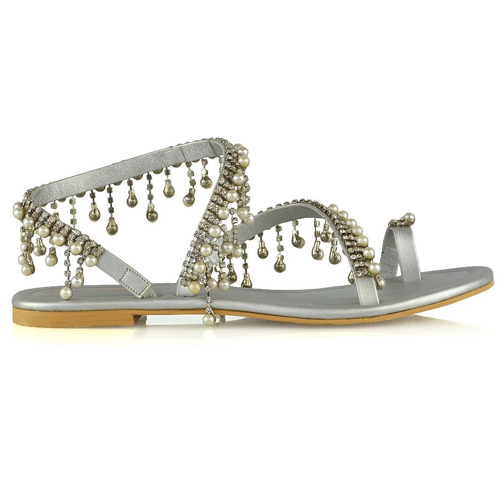 Womens Flat Strappy Sandals Ladies Crystal Pearl Toe Post Summer Holiday Shoes