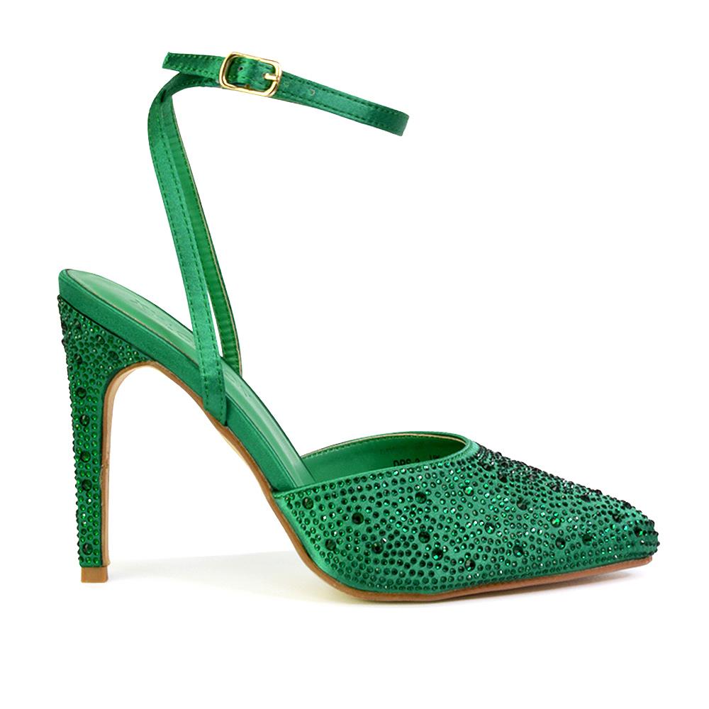 Zapatos de boda para mujer Damas Tacones de aguja nupciales satinados con tiras Diamante Talla 3-8 - Imagen 14 de 31