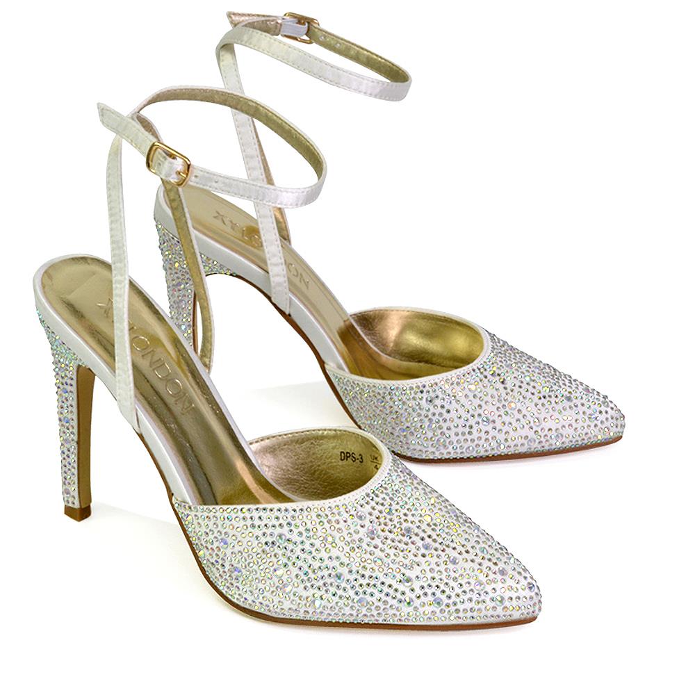 Zapatos de boda para mujer Damas Tacones de aguja nupciales satinados con tiras Diamante Talla 3-8 - Imagen 17 de 31