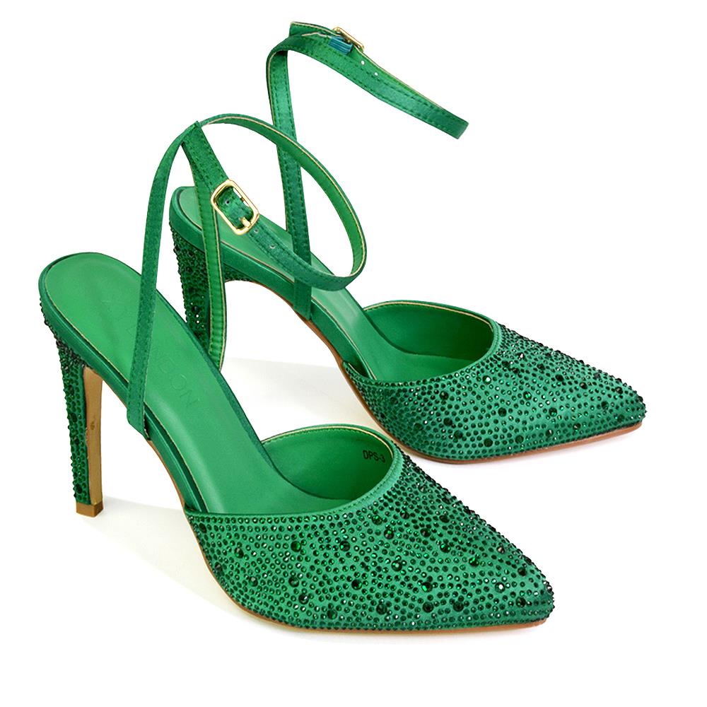 Zapatos de boda para mujer Damas Tacones de aguja nupciales satinados con tiras Diamante Talla 3-8 - Imagen 13 de 31