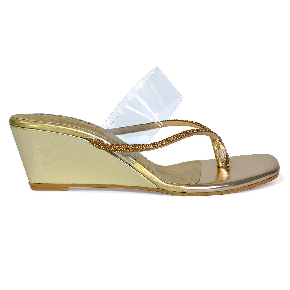 Womens Low Wedge Heel Sandals Ladies Summer Holidays Diamante Shoes Size - Picture 19 of 31
