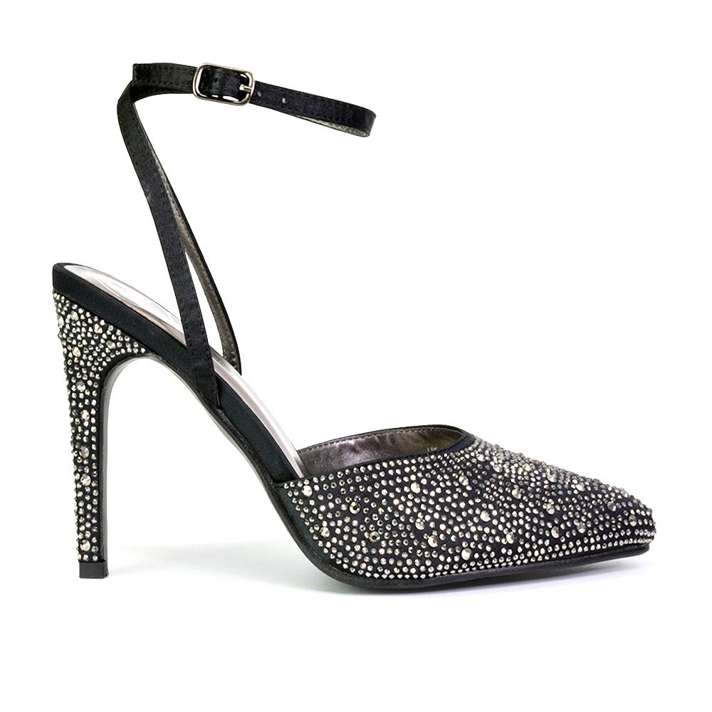 Zapatos de boda para mujer Damas Tacones de aguja nupciales satinados con tiras Diamante Talla 3-8 - Imagen 3 de 31