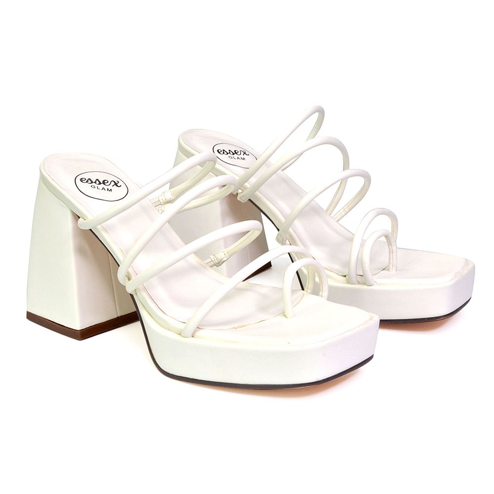Sandalias de tacón alto para mujer Zapatos de plataforma con puntera cuadrada con tiras talla 3-8 - Imagen 31 de 35