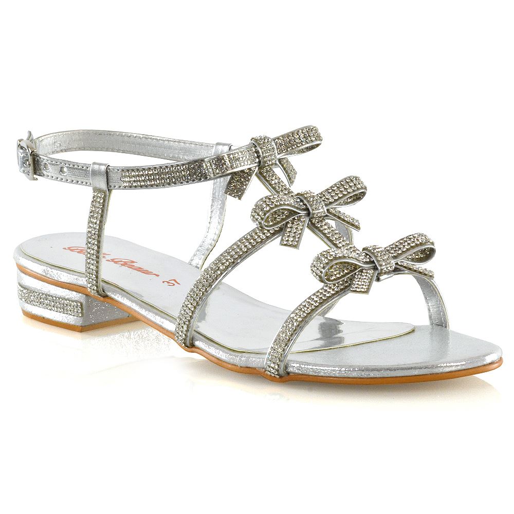 Womens Flat Strappy Sandals Diamante Bow Ladies Party Holiday Sparkly