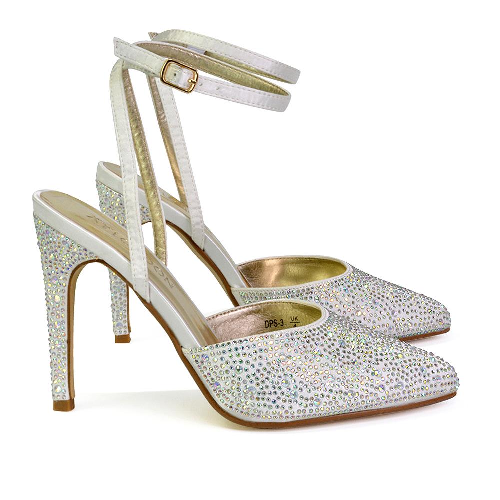 Zapatos de boda para mujer Damas Tacones de aguja nupciales satinados con tiras Diamante Talla 3-8 - Imagen 20 de 31