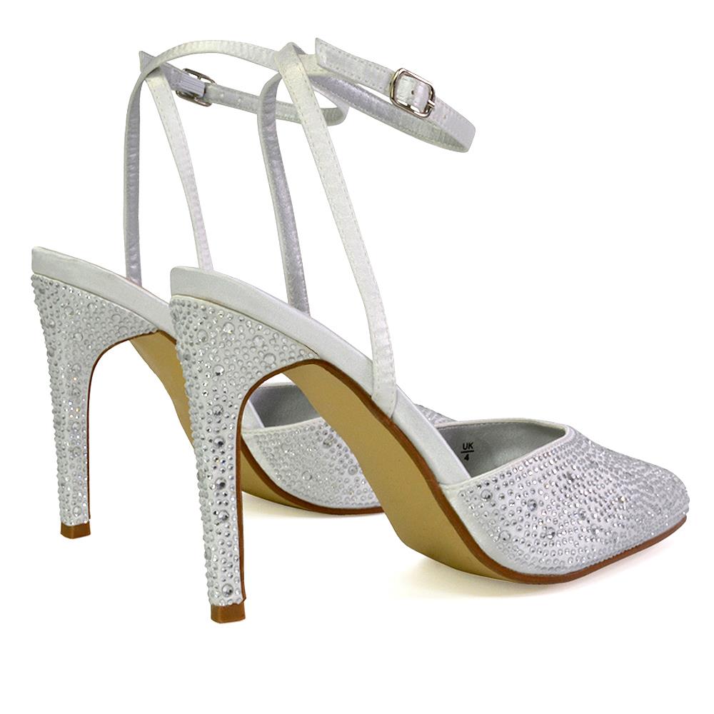 Zapatos de boda para mujer Damas Tacones de aguja nupciales satinados con tiras Diamante Talla 3-8 - Imagen 27 de 31