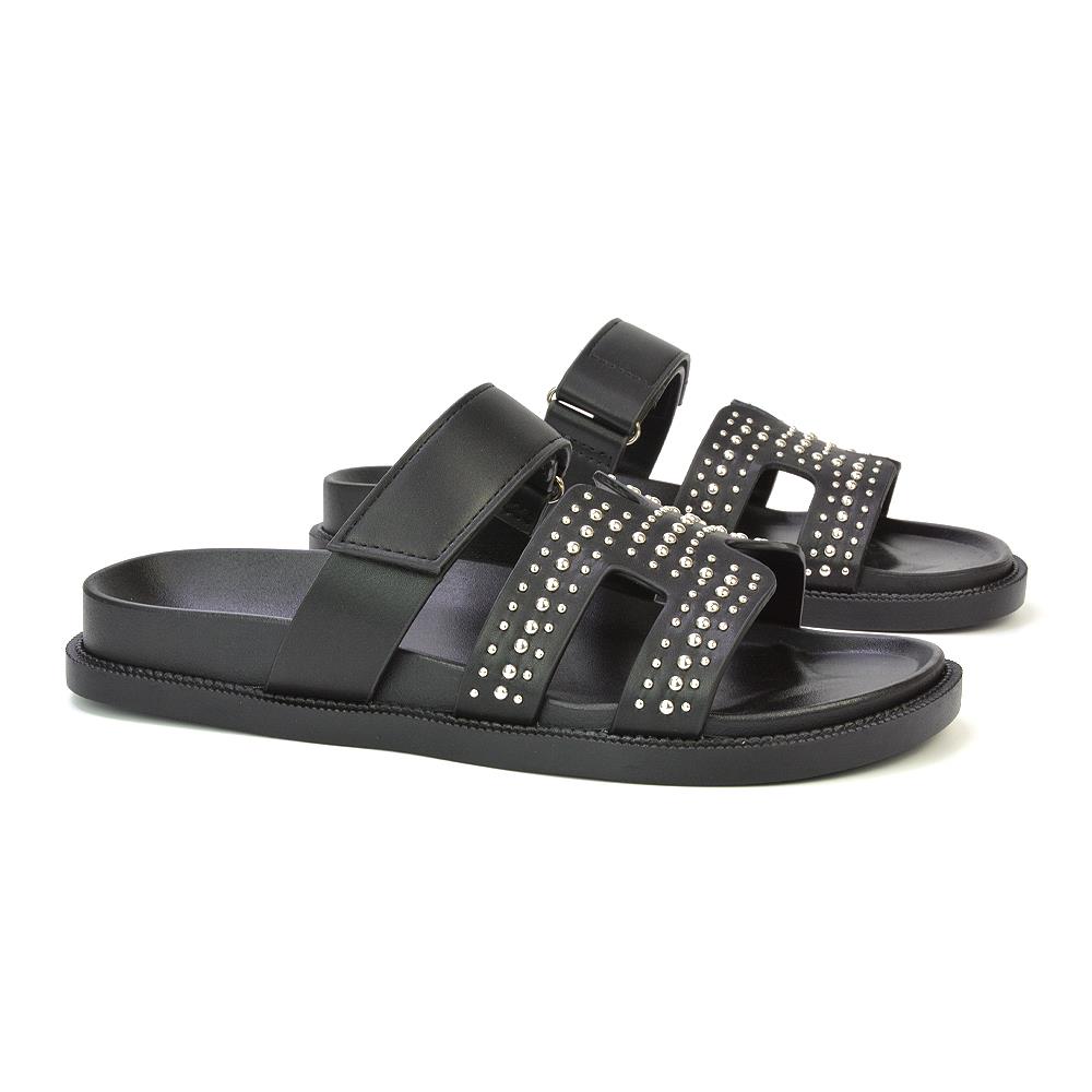 Women's Studded Gladiator Strap Black Sandal Ladies Comfy Slider Size 3-8 - Picture 3 of 10