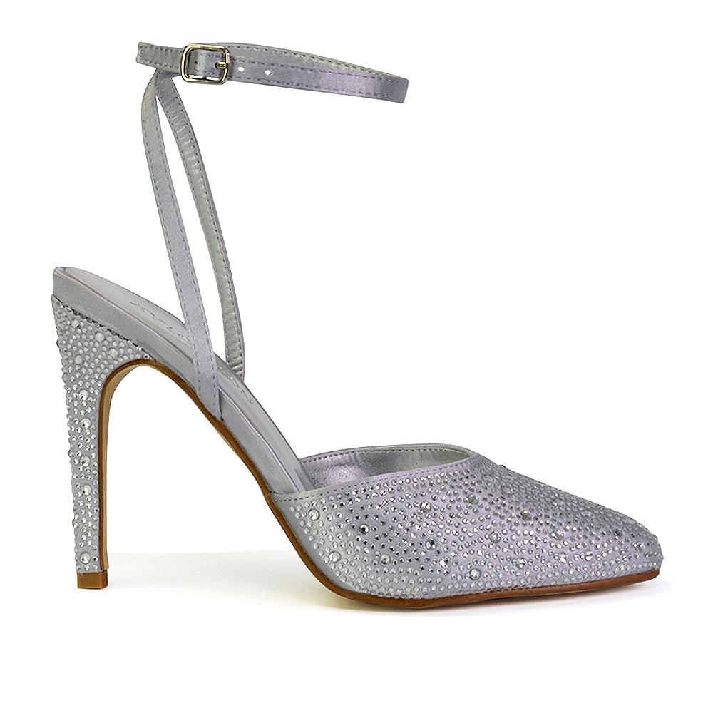 Zapatos de boda para mujer Damas Tacones de aguja nupciales satinados con tiras Diamante Talla 3-8 - Imagen 21 de 31