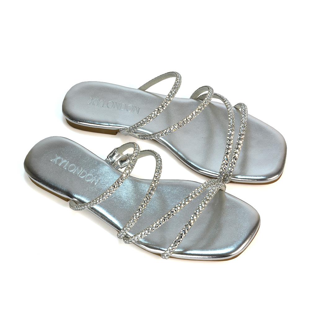 Women’s Diamante Flat Sandals Ladies Strappy Slip On Summer Slider Size 3-8 - Picture 19 of 25