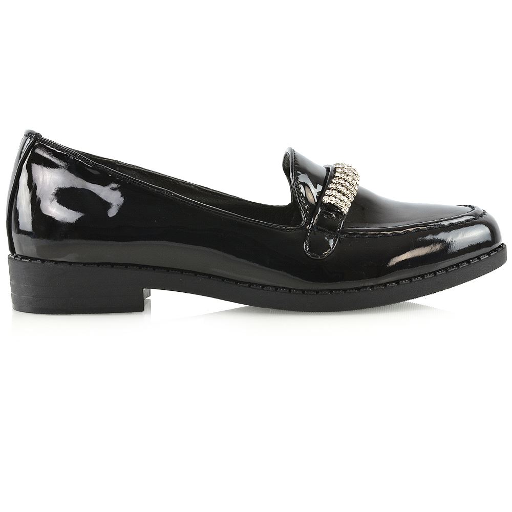Womens Low Heel Loafers Ladies Diamante Brooch Slip On Black Pumps