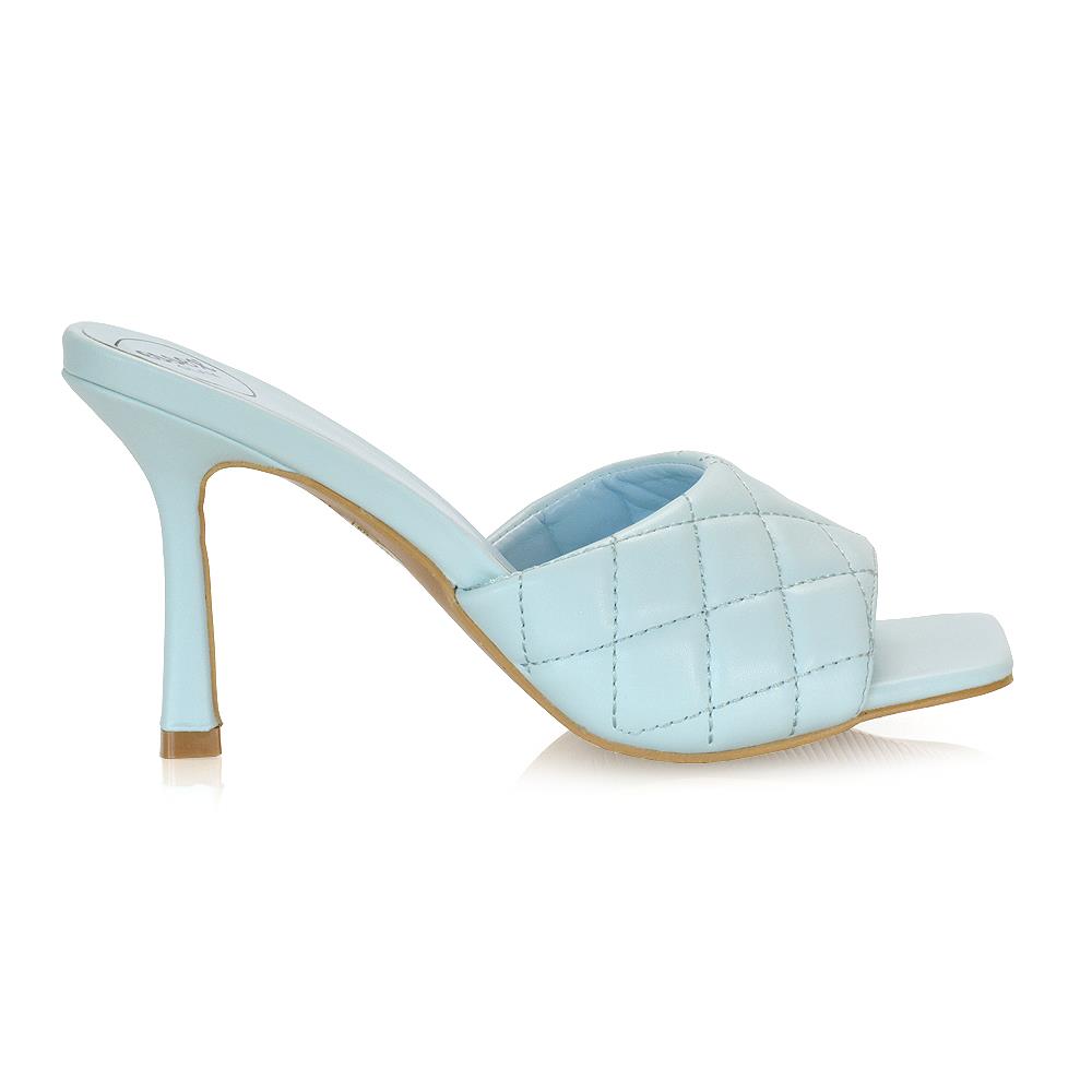 Womens Quilted Square Toe Heel Sandals Ladies Slip On Open Toe Mule