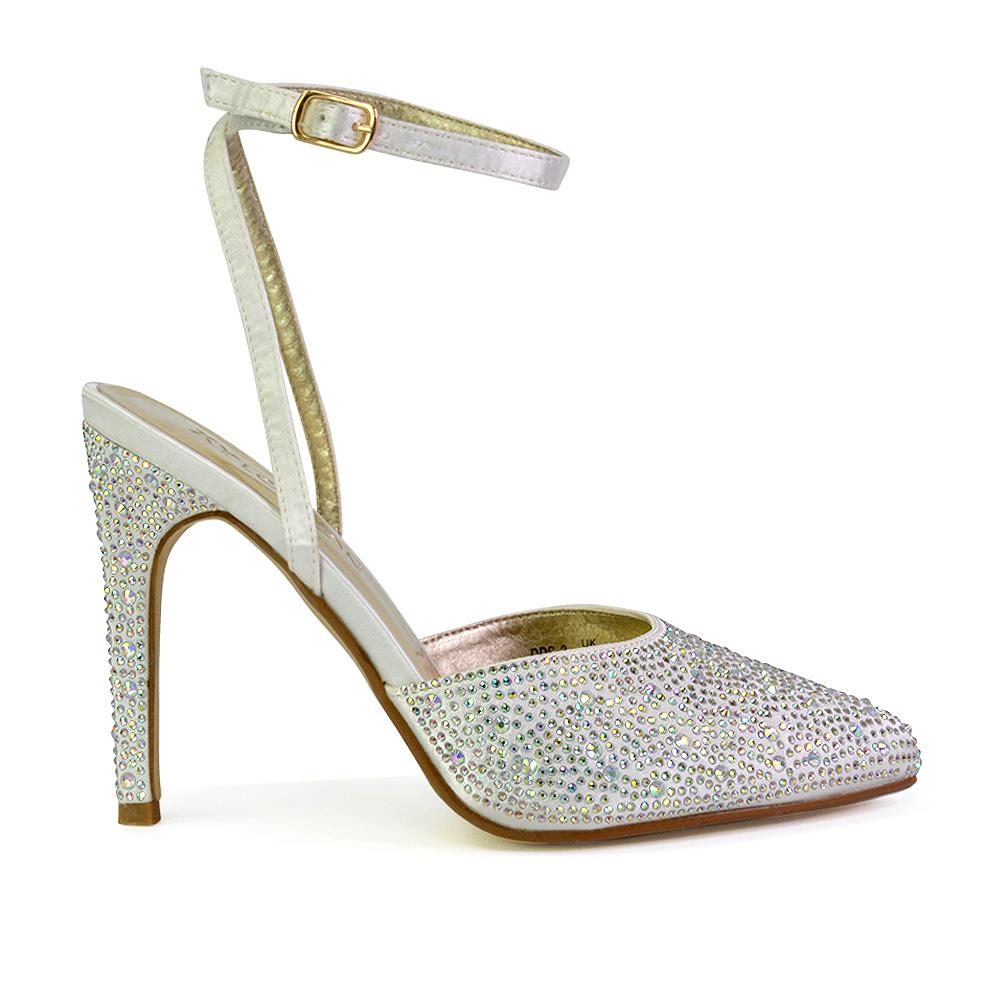 Zapatos de boda para mujer Damas Tacones de aguja nupciales satinados con tiras Diamante Talla 3-8 - Imagen 16 de 31