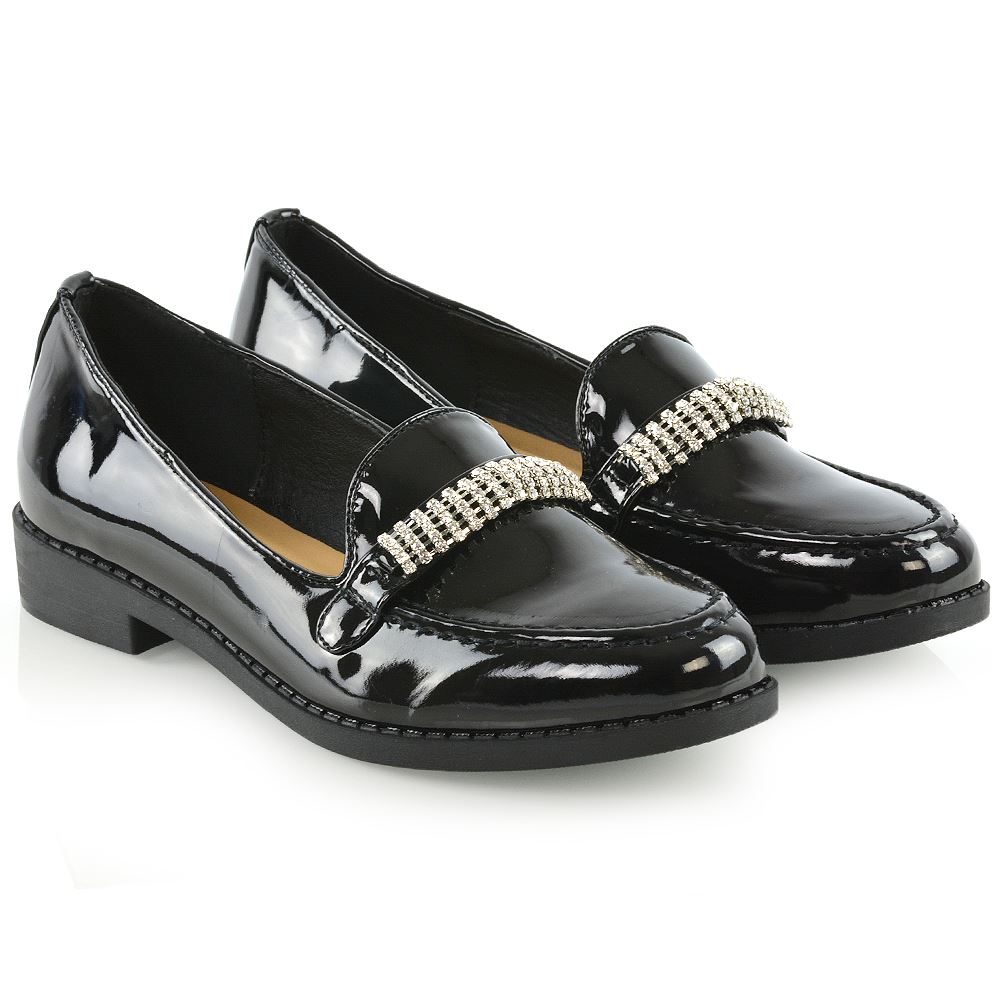 Womens Low Heel Loafers Ladies Diamante Brooch Slip On Black Pumps