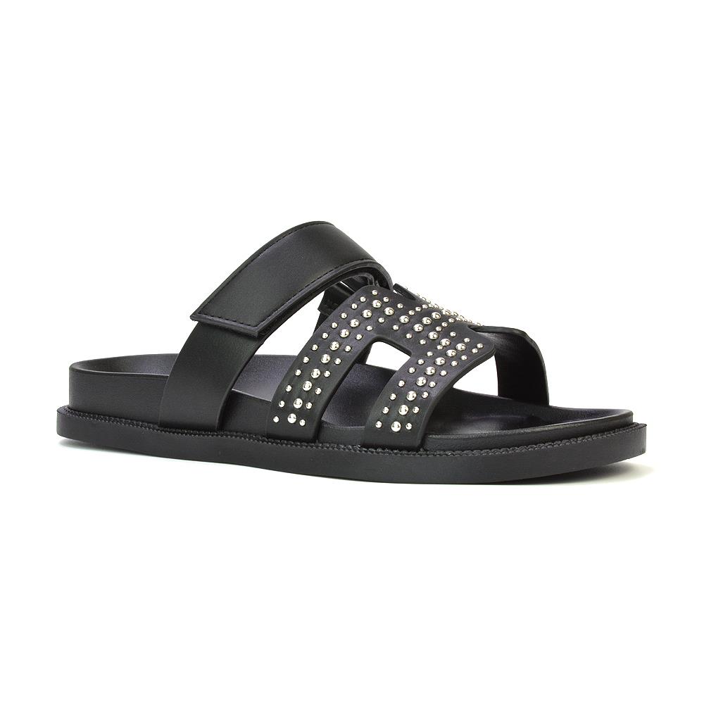 Women's Studded Gladiator Strap Black Sandal Ladies Comfy Slider Size 3-8 - Picture 7 of 10