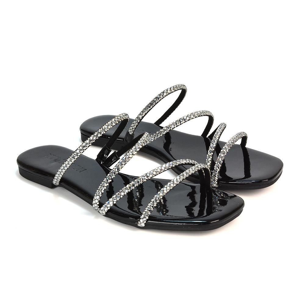 Women’s Diamante Flat Sandals Ladies Strappy Slip On Summer Slider Size 3-8 - Picture 4 of 25