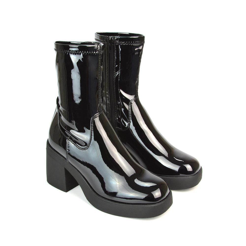 Womens Ankle Boots Ladies Retro Biker Chunky Sole Pull On Stretch Booties Size - Picture 6 of 10