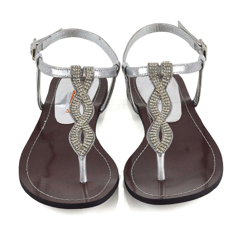 WOMENS DIAMANTE CRYSTAL T BAR SANDALS RHINESTONE FLAT STUDDED SLINGBACK SHOES