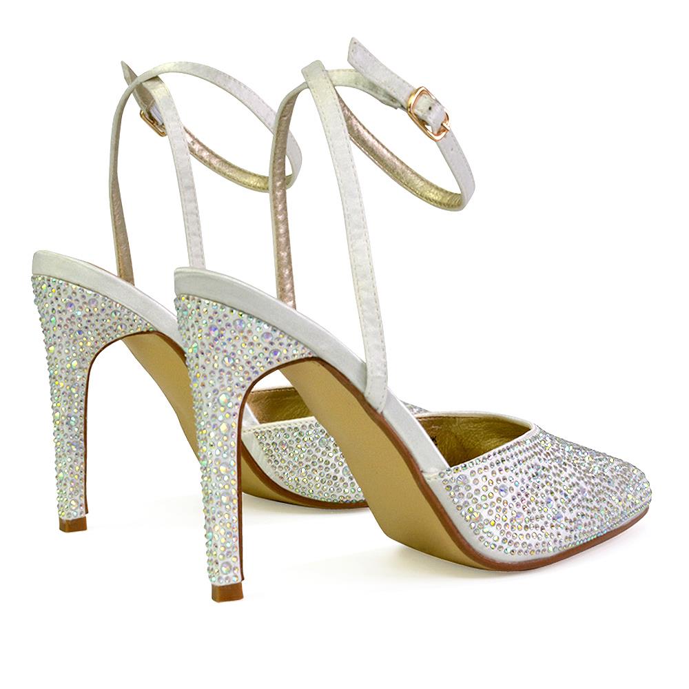 Zapatos de boda para mujer Damas Tacones de aguja nupciales satinados con tiras Diamante Talla 3-8 - Imagen 19 de 31