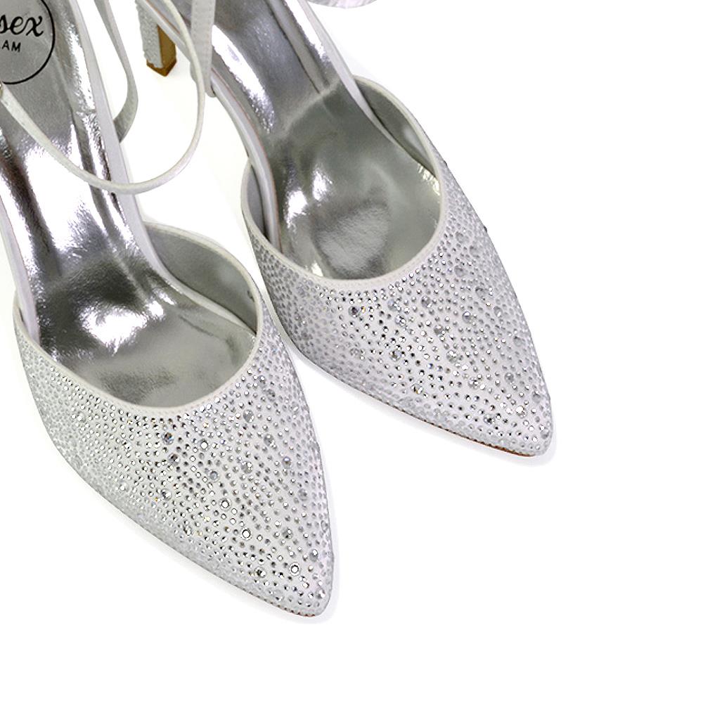 Zapatos de boda para mujer Damas Tacones de aguja nupciales satinados con tiras Diamante Talla 3-8 - Imagen 30 de 31
