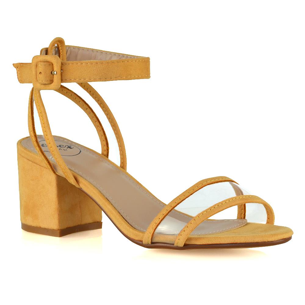 Womens Low Block Heel Sandals Ladies Strappy Perspex Open Toe Buckle