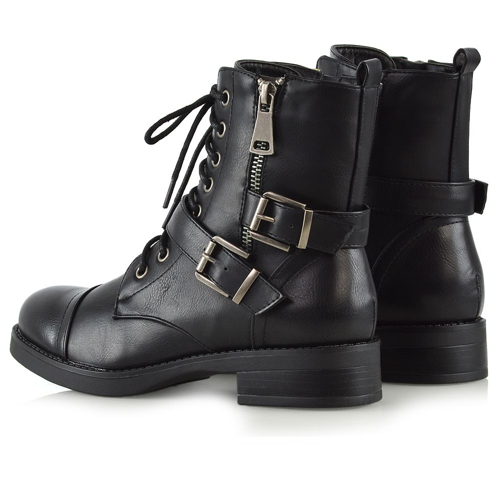 Womens Lace Up Military Ankle Boots Ladies Combat Biker Zip Up Strappy