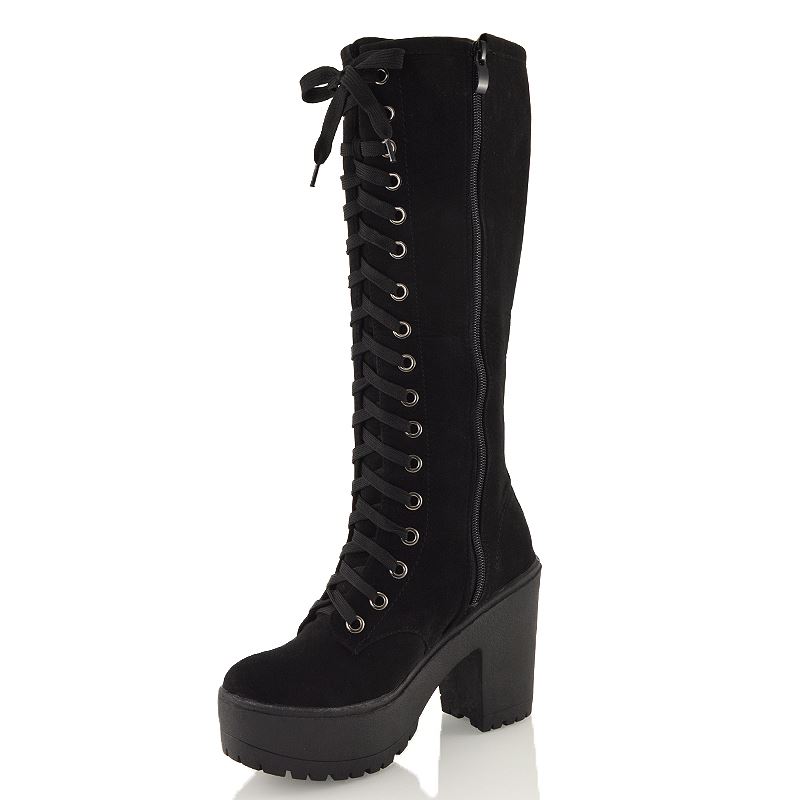 Ladies Knee High Chunky Cleated Platform Womens Goth Combat Lace Up Boots | eBay