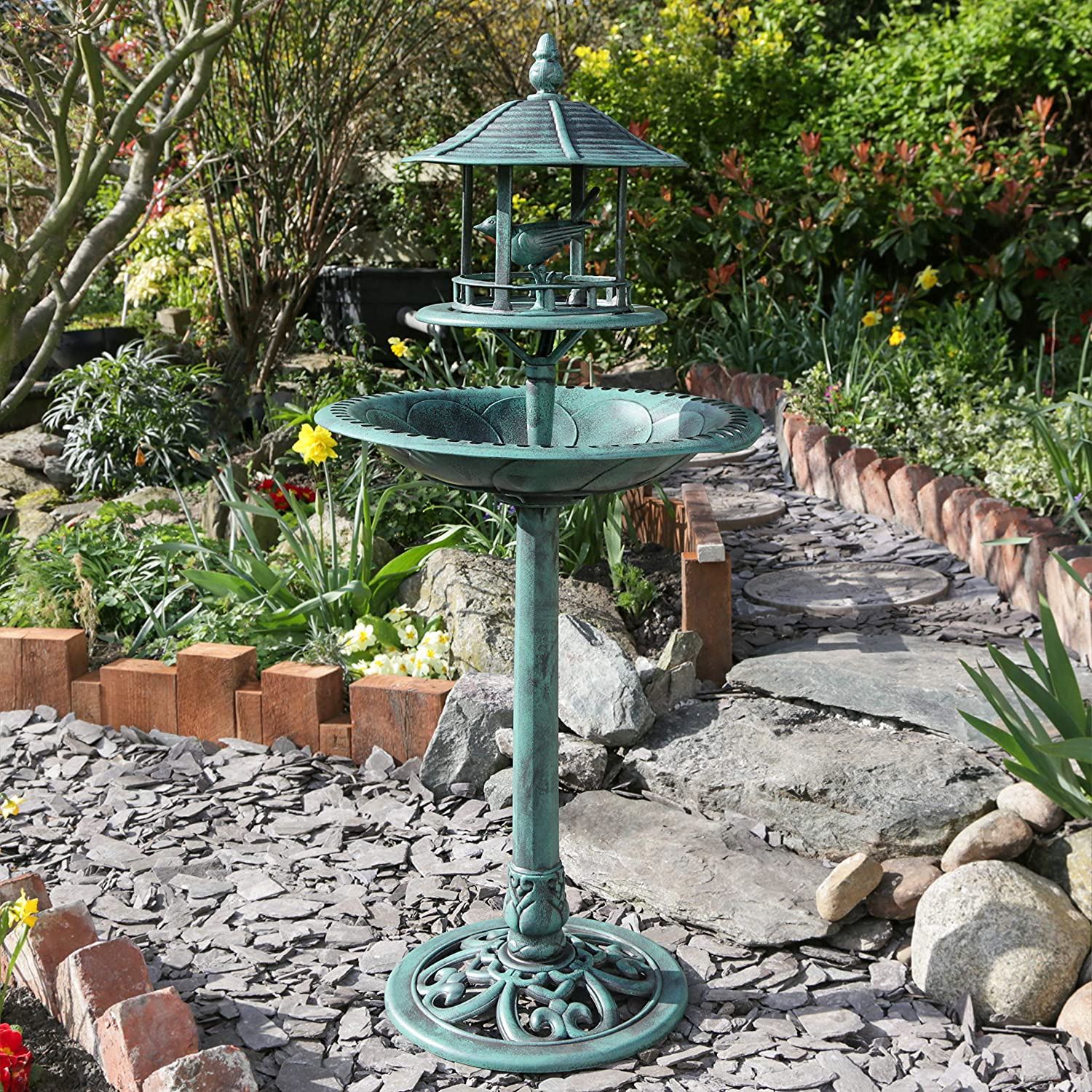 ORNAMENTAL OUTDOOR GARDEN BIRD BATH WITH SHELTERED FEEDING TABLE