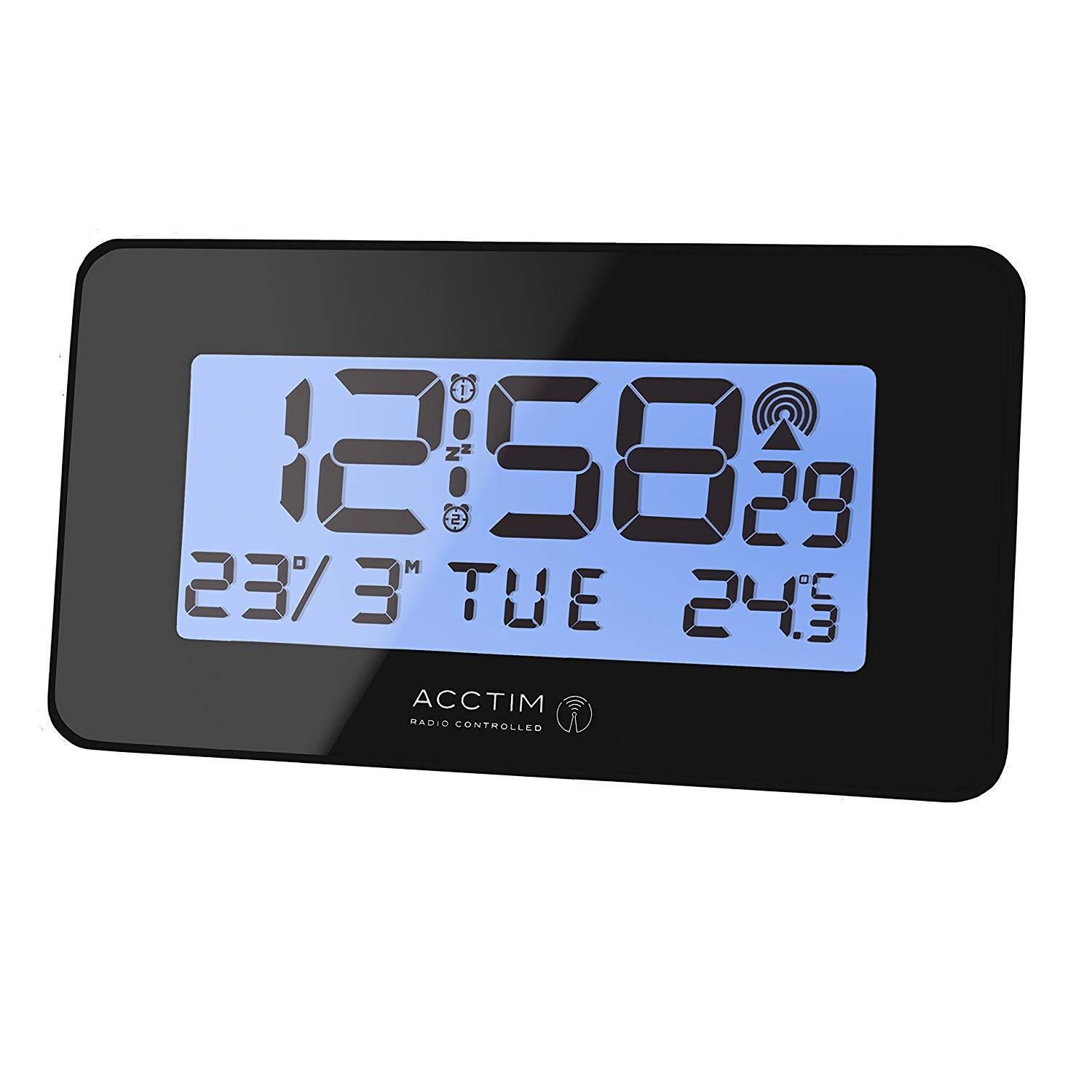BLACK MULTI FUNCTION LCD DISPLAY ACCTIM MORITZ RADIO CONTROLLED ALARM