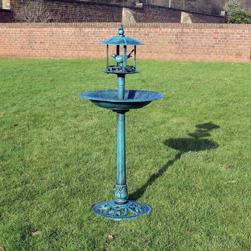 ORNAMENTAL OUTDOOR GARDEN BIRD BATH WITH SHELTERED FEEDING TABLE