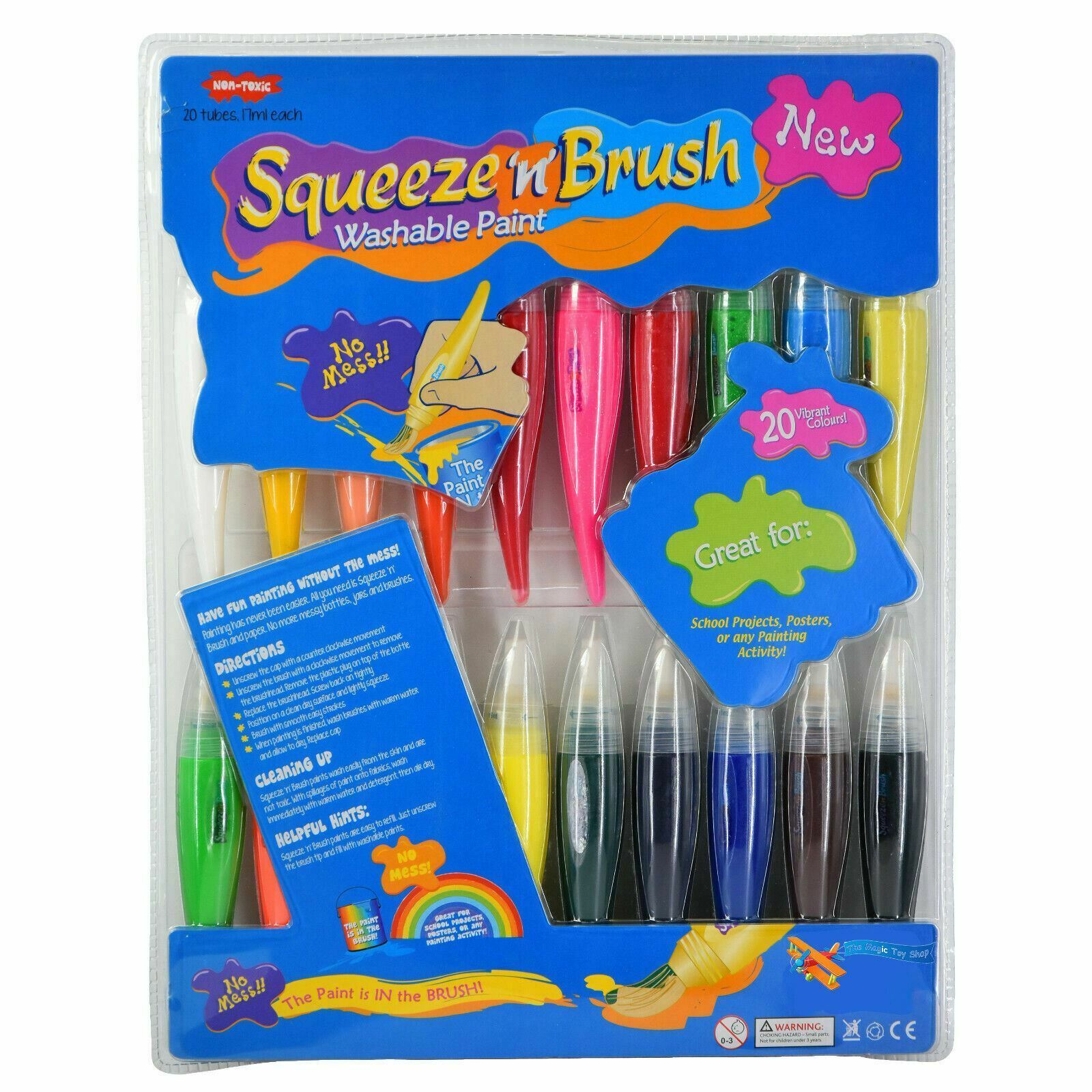 20PC CHILDREN’S SQUEEZE ‘N’ BRUSH WASHABLE PAINT PENS MULTICOLOURED