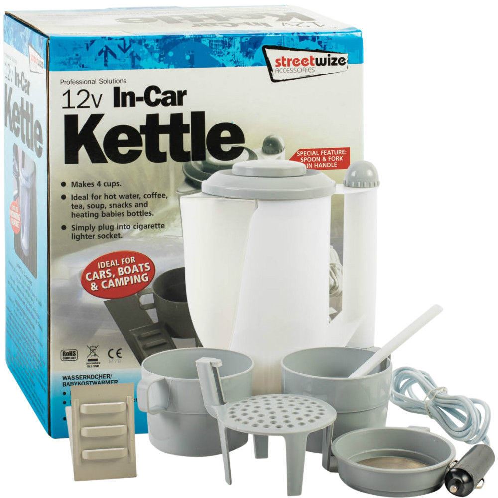 12V In Car Kettle Set 2 Cups Strainer Fork & Spoon Camping Travel