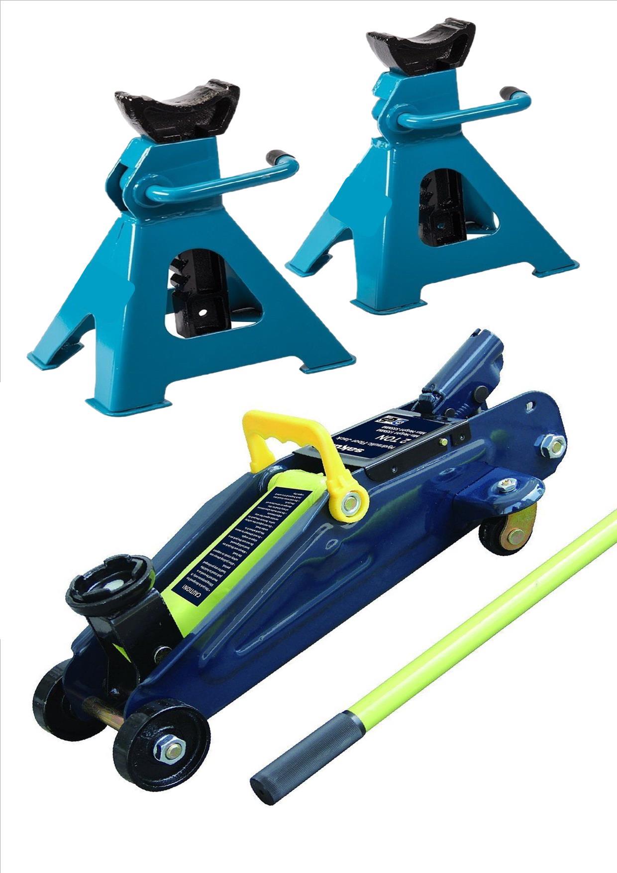 2 HEAVY DUTY 3 TONNE RATCHET CAR AXLE STANDS LIFT + 2 TON HYDRAULIC