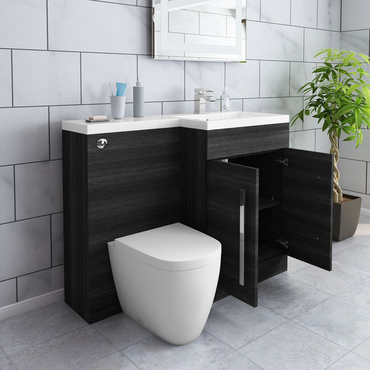Bathroom 1100mm L Shape Combination Suite Toilet, Vanity Unit & Basin