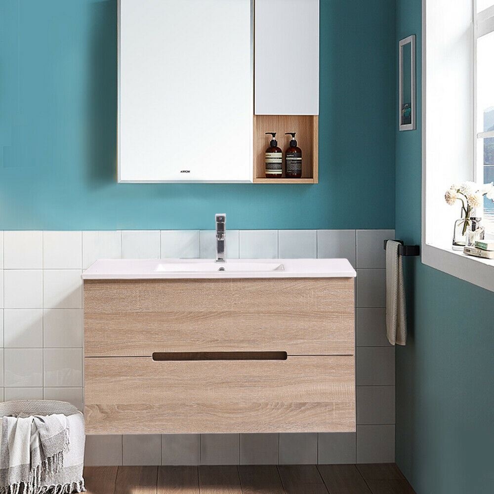 1000mm Light Oak Wall Hung Vanity Unit Basin Bathroom Storage Furniture
