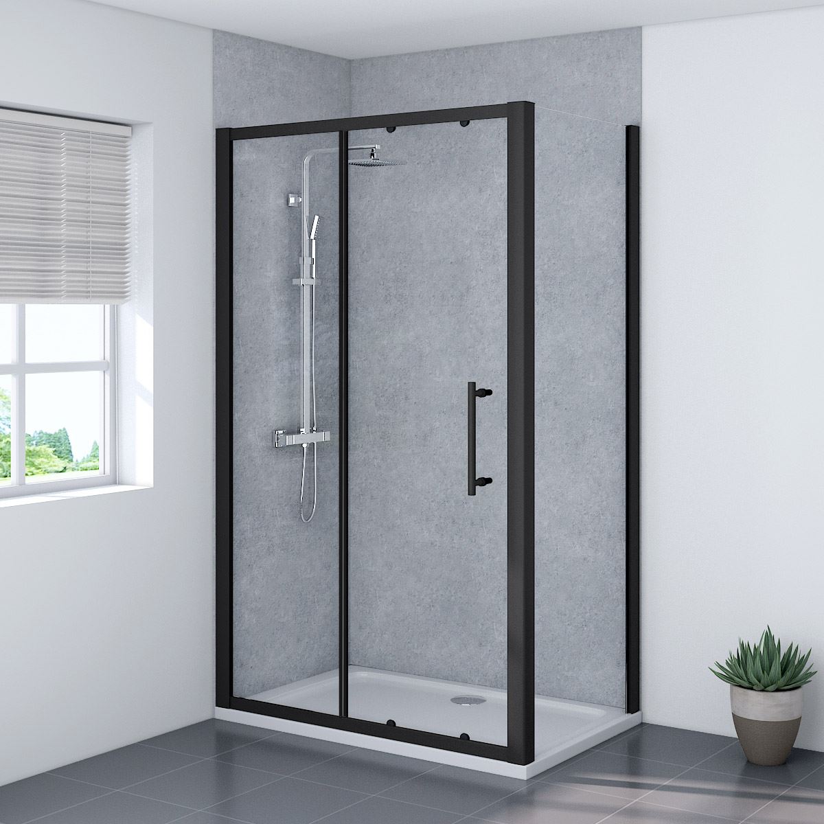 Stylish Black Quadrant Shower Enclosure Cubicle Sliding Door Free Tray