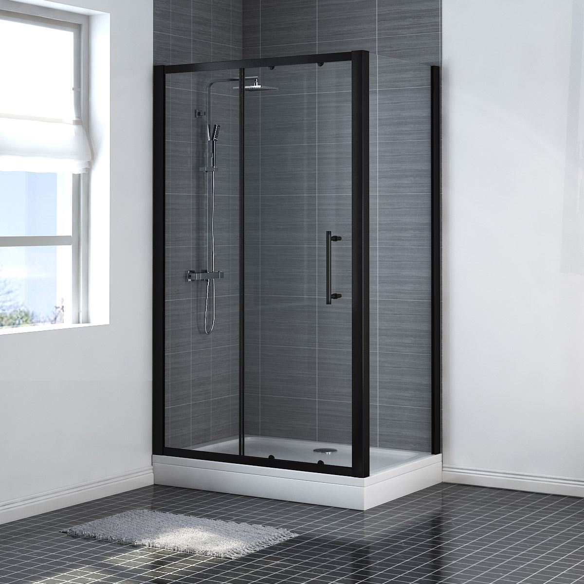 Stylish Black Quadrant Shower Enclosure Cubicle Sliding Door Free Tray