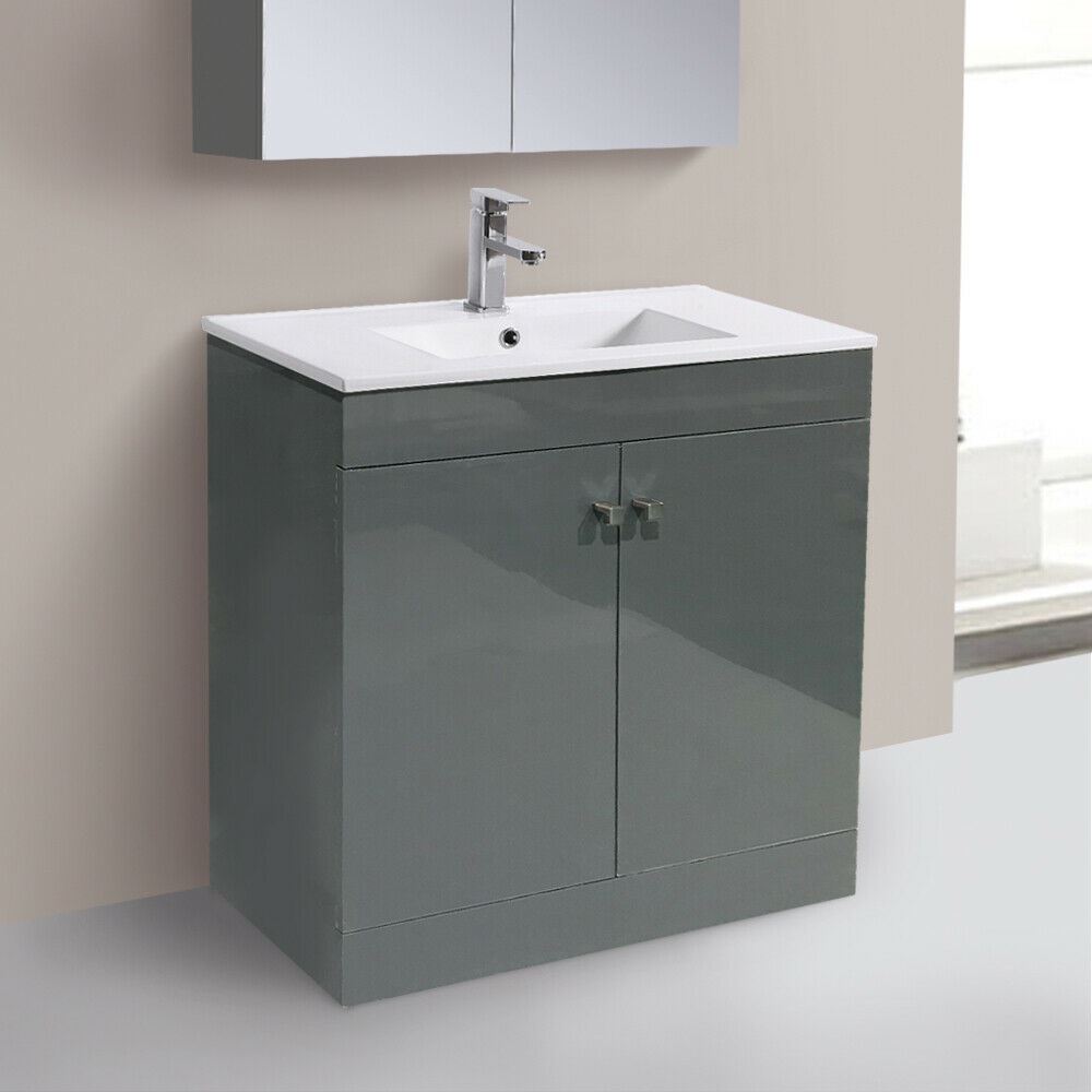 800mm 2 Door Gloss Grey Wash Basin Vanity Sink Unit Bathroom