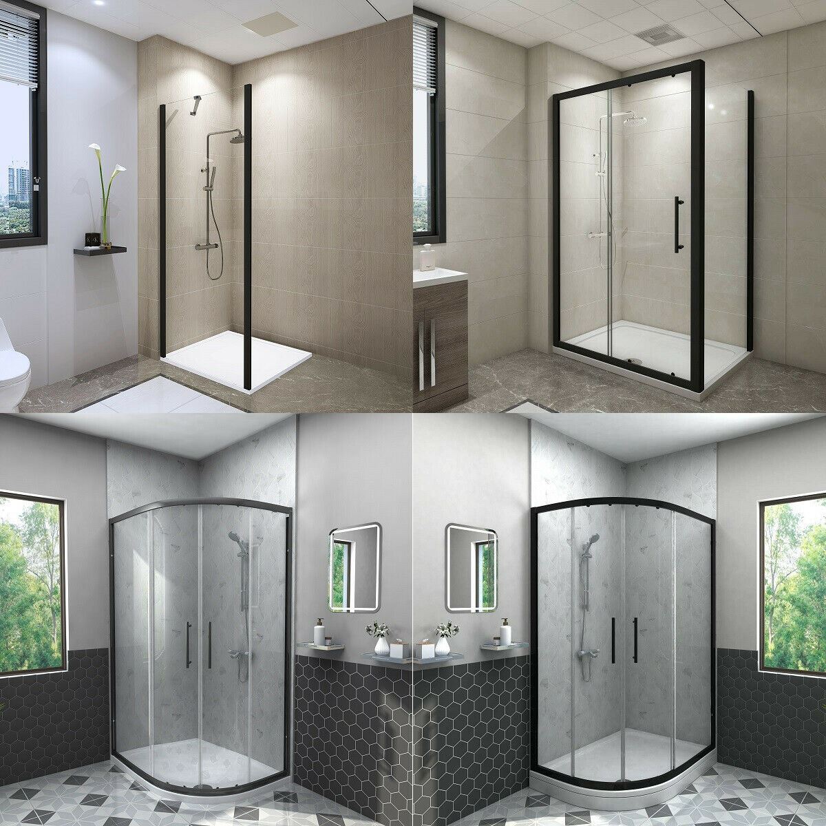 Stylish Black Quadrant Shower Enclosure Cubicle Sliding Door Free Tray