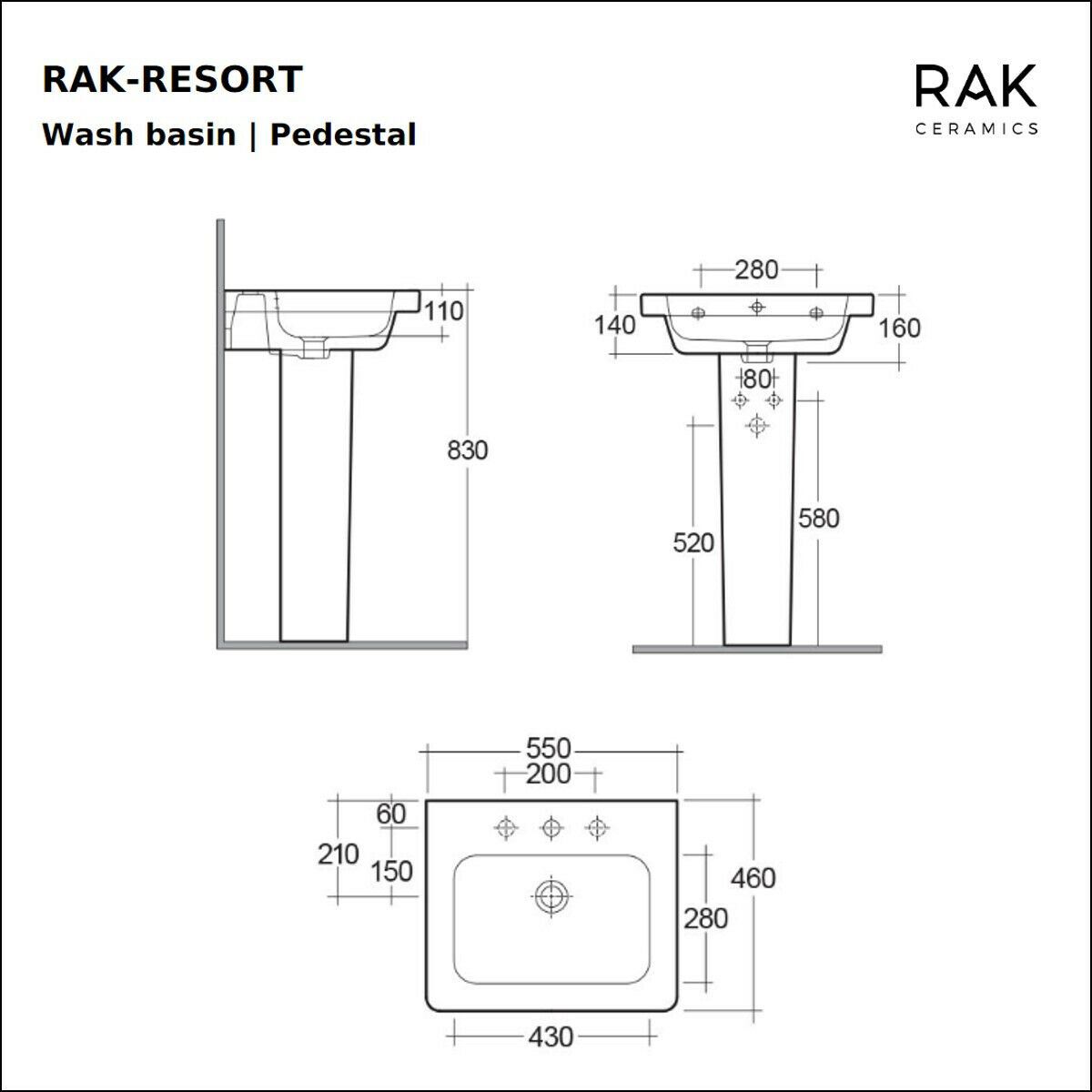 Balterley 520mm Bathroom Sink, Semi Pedestal Ceramic Square
